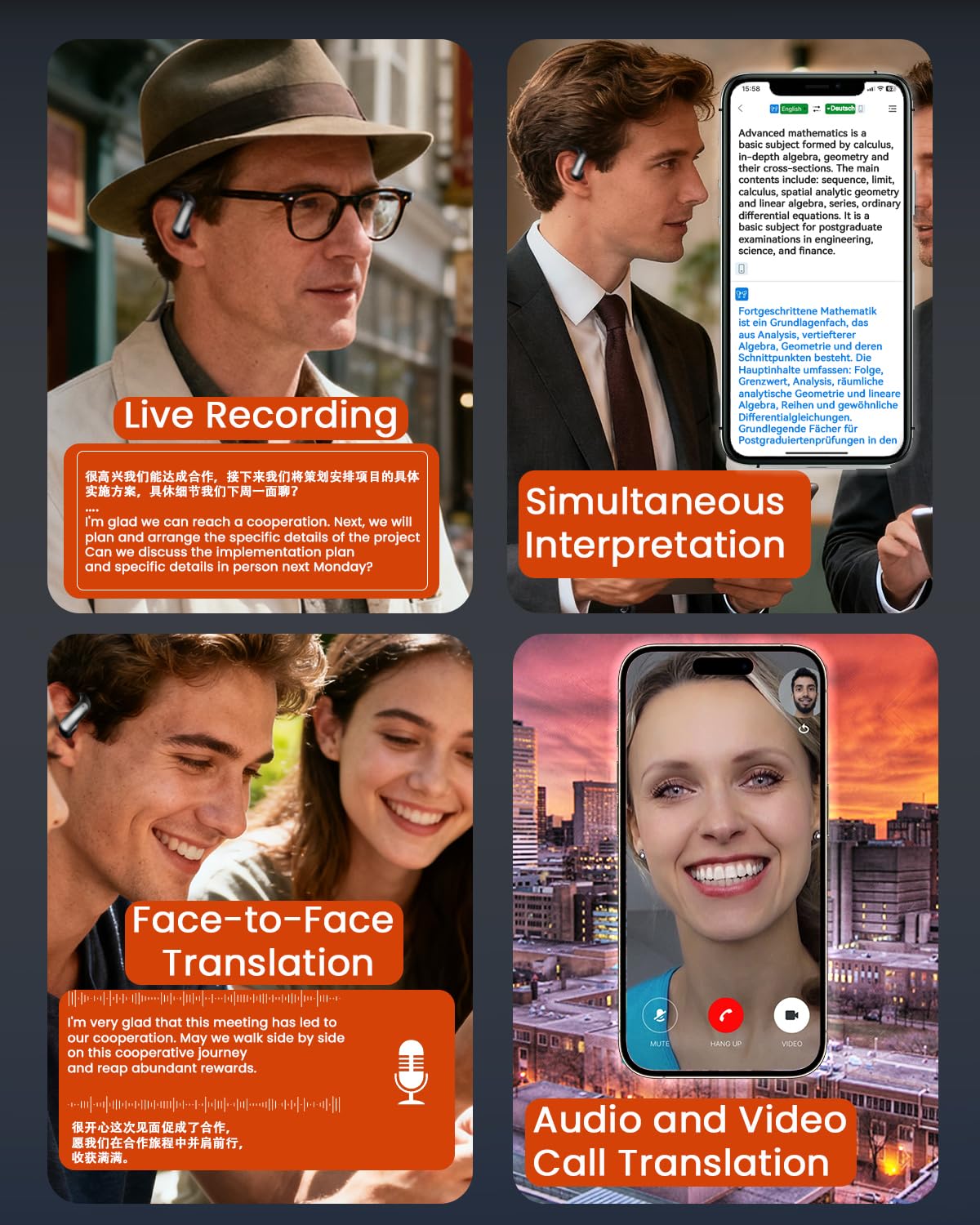 ANSTEN Auriculares Traductor en Tiempo Real con IA - Traductor Instantaneo de Voz Multilingüe 144 Idiomas, 7 Modos Traducción, 4-en-1 Cascos Bluetooth inalámbricos para Viajes/Reuniones/Estudios
