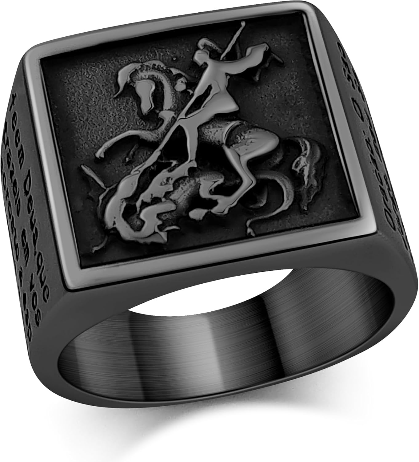 Sanit George Ring for Men 316L Stainless Steel / 18K Gold/Black Sanit George on Horse Slaying Dragon Ring Christianity Religious Amulet Rings Grant you strength and courage Send Gift Box