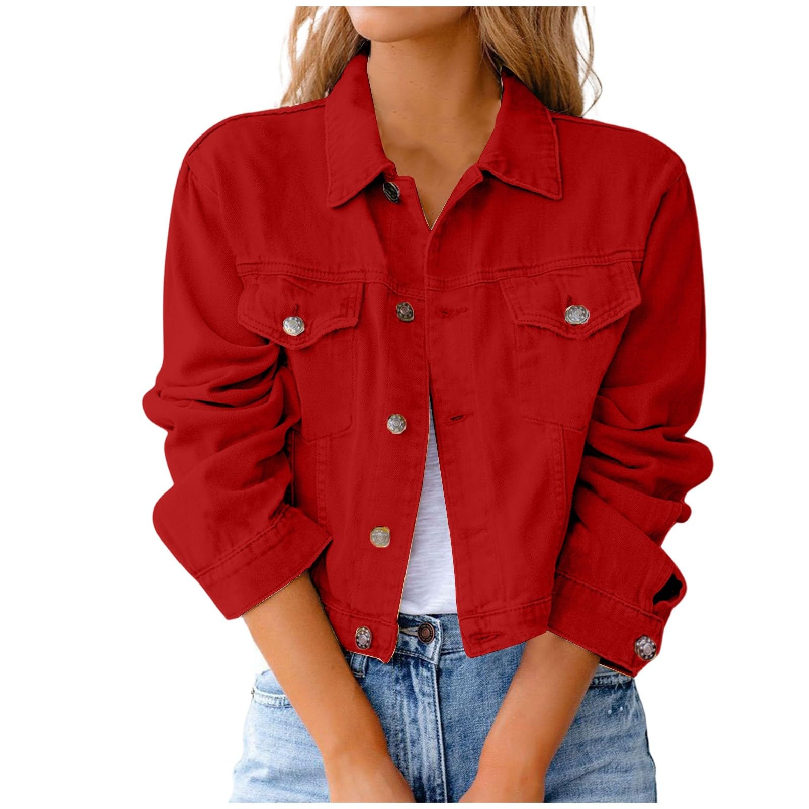 Fulidngzg Giacca Jeans Donna Classica Elasticizzata Corto Giubbino Maniche Lunghe con Bottoni Metallo e Tasche Autunno Giubbotto Denim Comode Elegante per Stagioni Diverse