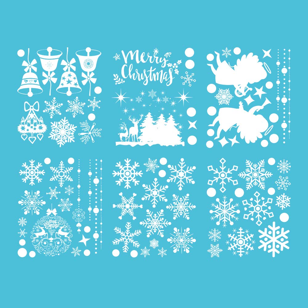 Lot De 6 Feuilles D'Autocollants Statiques Flocons De Neige - Déco Fenêtre Noël, PVC, Double Face - 7