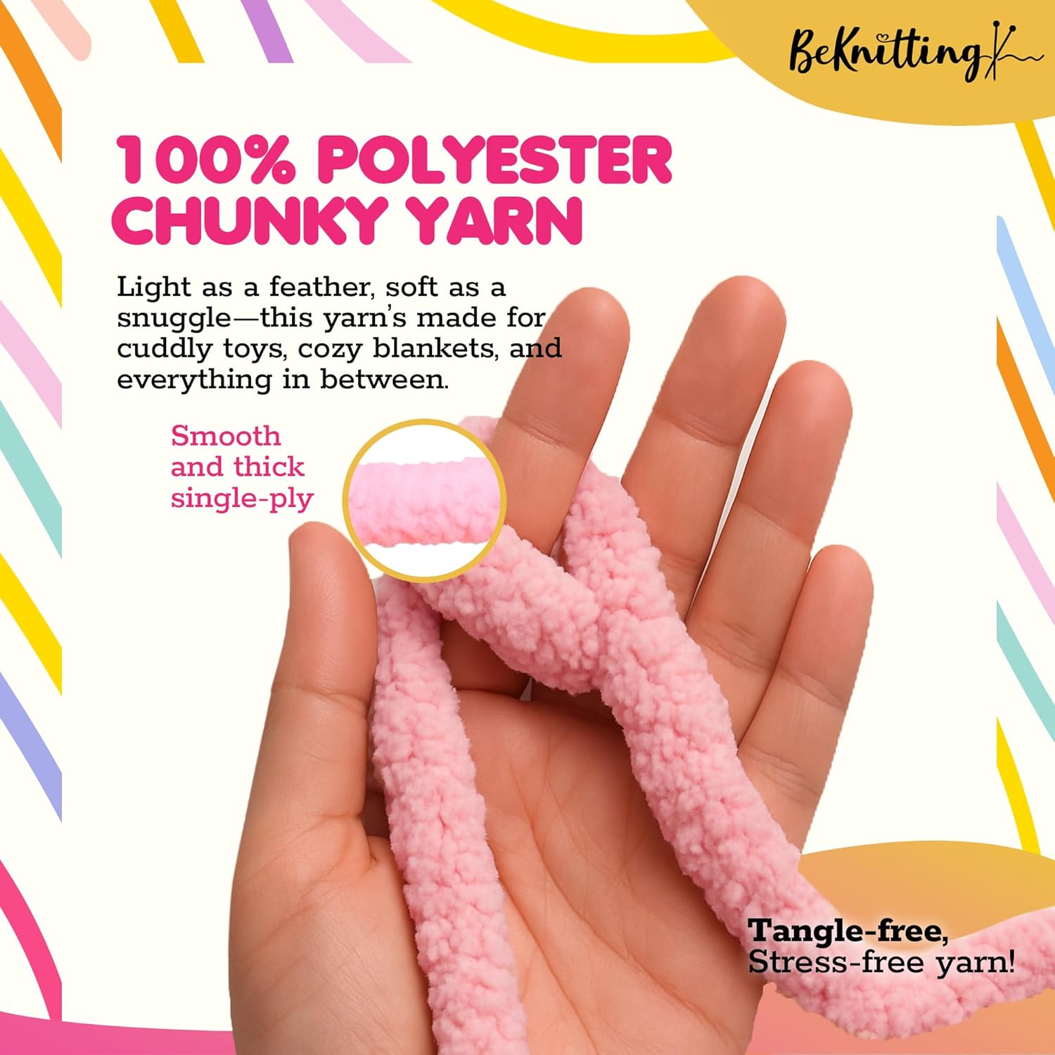 Chunky #7 Knitting/Crochet Yarn (3 Pack) Light Pink | Polyester Soft Velvet Chenille Finger Yarn - 27yd 226g 8oz Bulky/Jumbo for Blankets, Amigurumi, and Crafting | Holiday Gifts