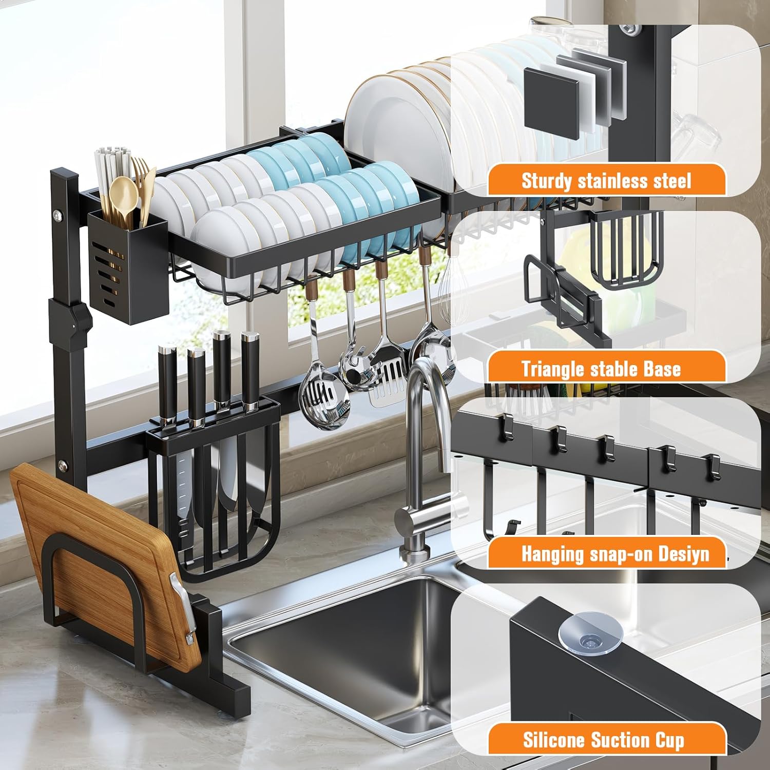 TOPEMAI Over The Sink Dish Drainer Drying Rack - 2 Tier Dish Drying Rack Over The Sink, Snap-On Design, Adjustable Length/Height, Stainless Steel Above Sink Drying Rack for Kitchen Counter, Black