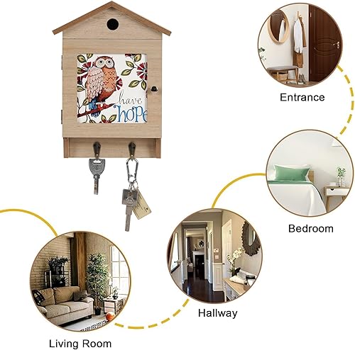 Miniatura 8 de Soporte decorativo para llaves de pared con diseño de búho, caja de llaves de madera, ganchos para llaves montados en la pared, estante de