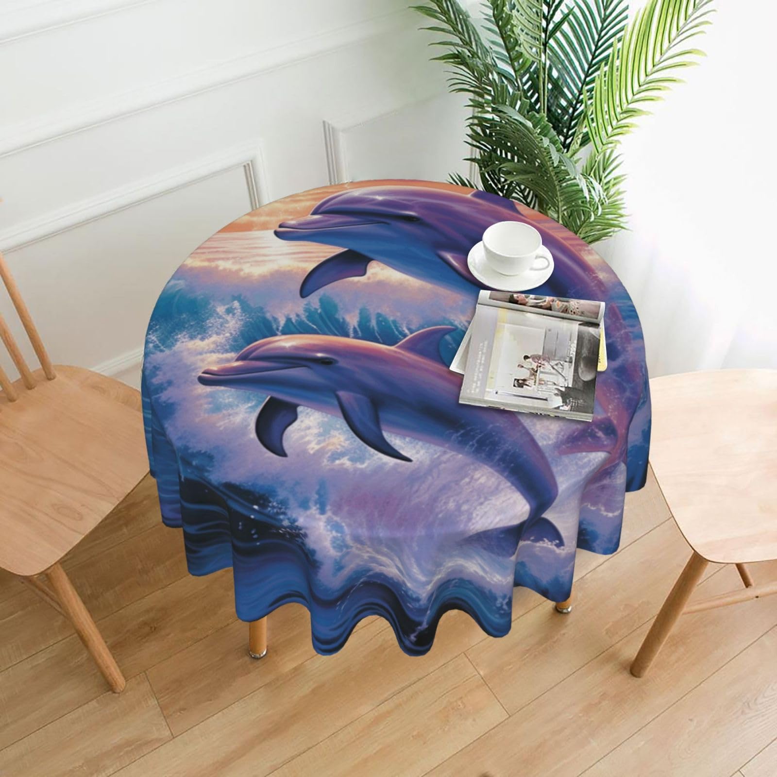 Fodpand Black Dolphins Art Tablecloths For Round Tables 60 Inches - Reusable And Washable Kitchen Table Clothes Decorative Table Cover For Dining Tables, Buffet Parties, Wrinkle Resistant
