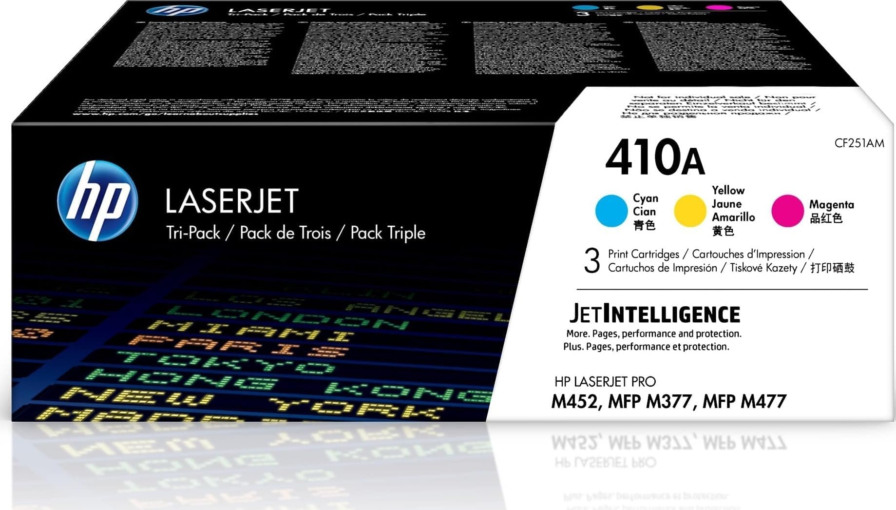 HP 410A Cyan, Magenta, Yellow Toner Cartridge Printers (3-Pack) | Works with Color LaserJet Pro M452 Series; Color LaserJet Pro MFP M377, M477 Series | CF251AM