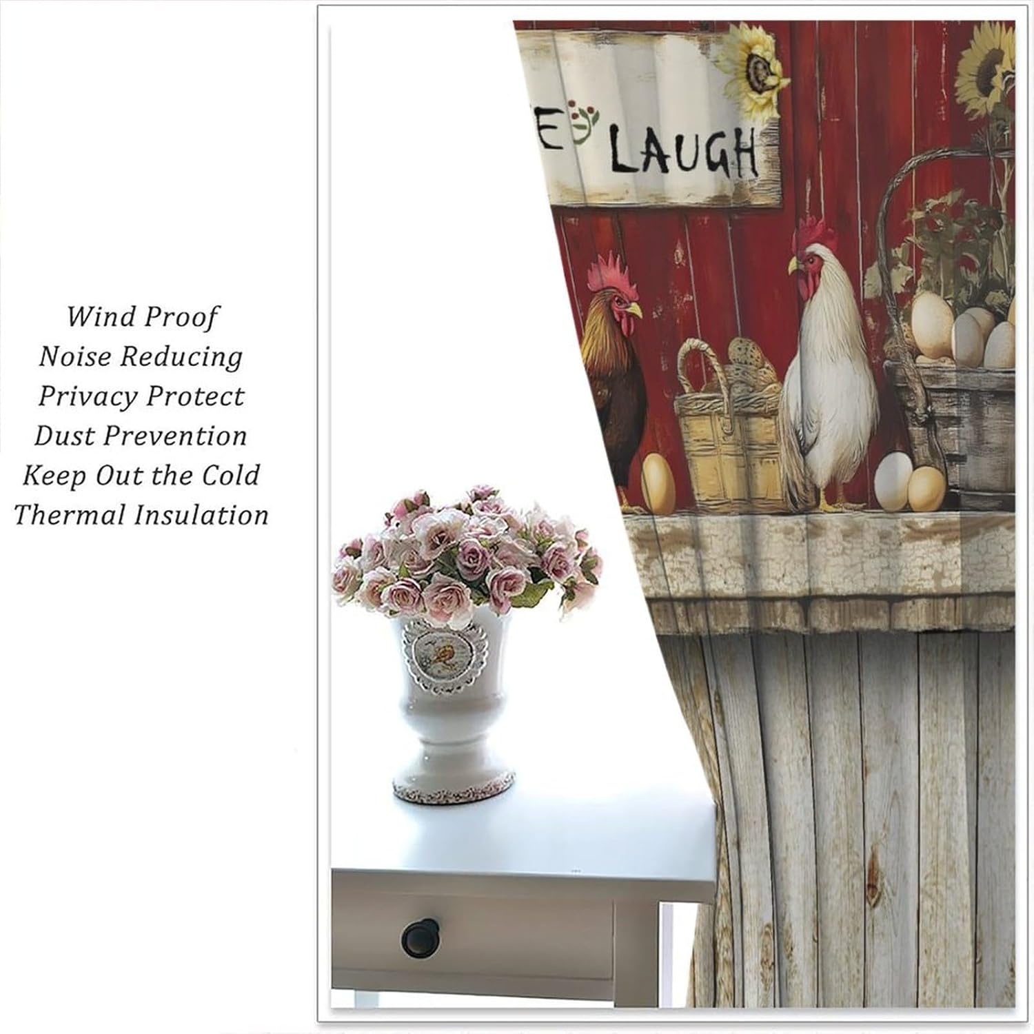 Farmhouse Rooster Kitchen Blackout Curtains, Funny Country Retro Animal Leaves Small Bird Farm Windows Treatments Rod Pocket Drapes for Living Room Bedroom 42x54in