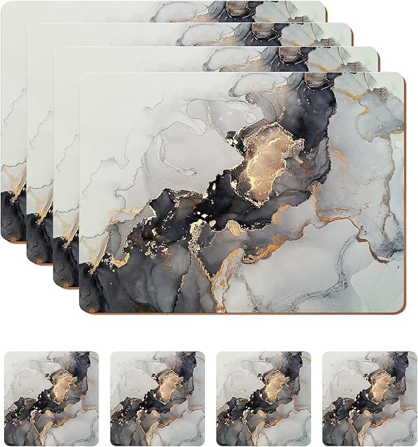 HAOCOO Placemats and Coasters Set of 4, Heat Resistant Waterproof Non-Slip Cork Placemats Table Mats for Dining Kitchen Indoor Outdoor, Easy to Clean Wipeable Place Mats 21.5 x 30cm - Grey Marble