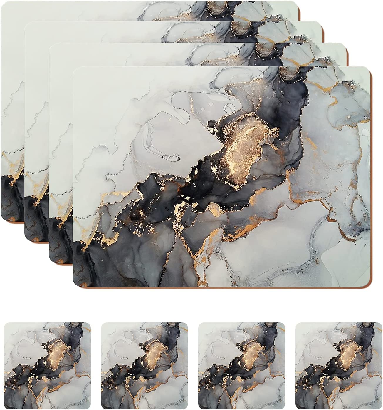HAOCOO Placemats and Coasters Set of 4, Heat Resistant Waterproof Non-Slip Cork Placemats Table Mats for Dining Kitchen Indoor Outdoor, Easy to Clean Wipeable Place Mats 21.5 x 30cm (Grey Marble)