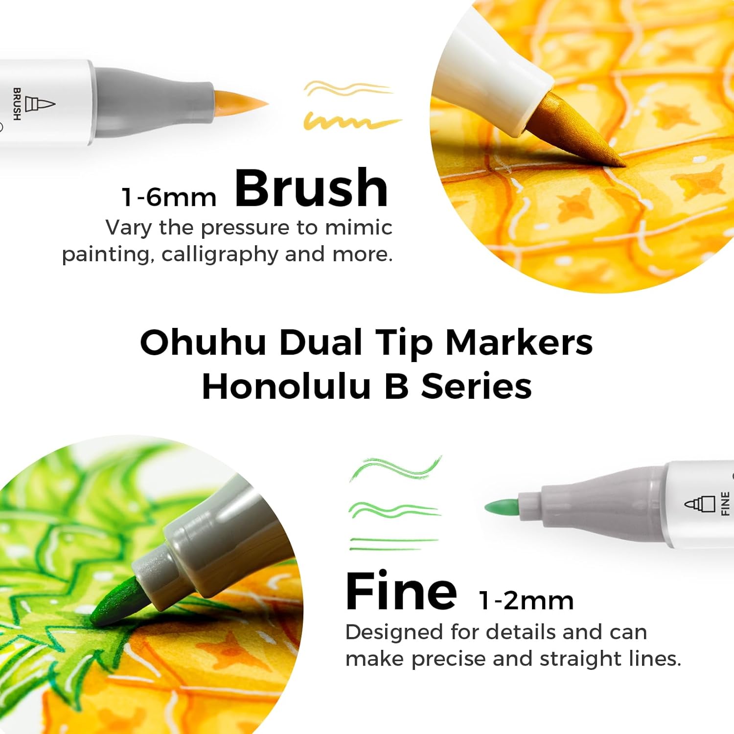 Ohuhu Alcohol Markers Brush Tip - 120-color AP Certificated Double Tipped Art Marker Set for Artist Adults Cozy Coloring Drawing Illustration - Brush and Fine Dual Tips - Honolulu B - Refillable - Image 3