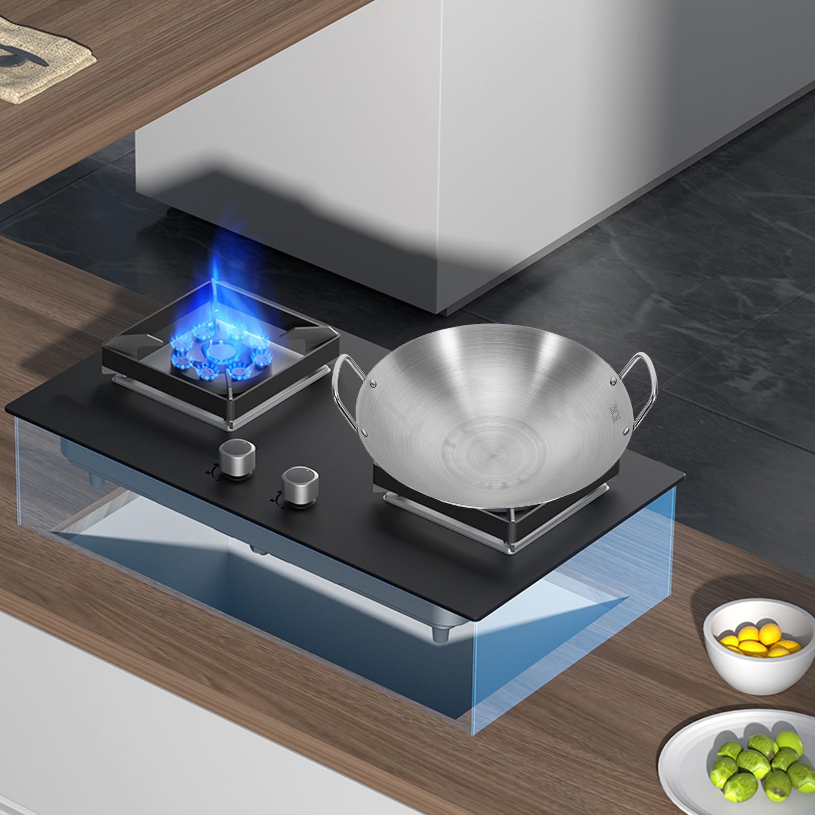 Gadpiparty Wok in Acciaio Inossidabile Fondo Rotondo per Cottura Uniforme, Grande Capacità Argento, fare Bbq e Patate Fritte