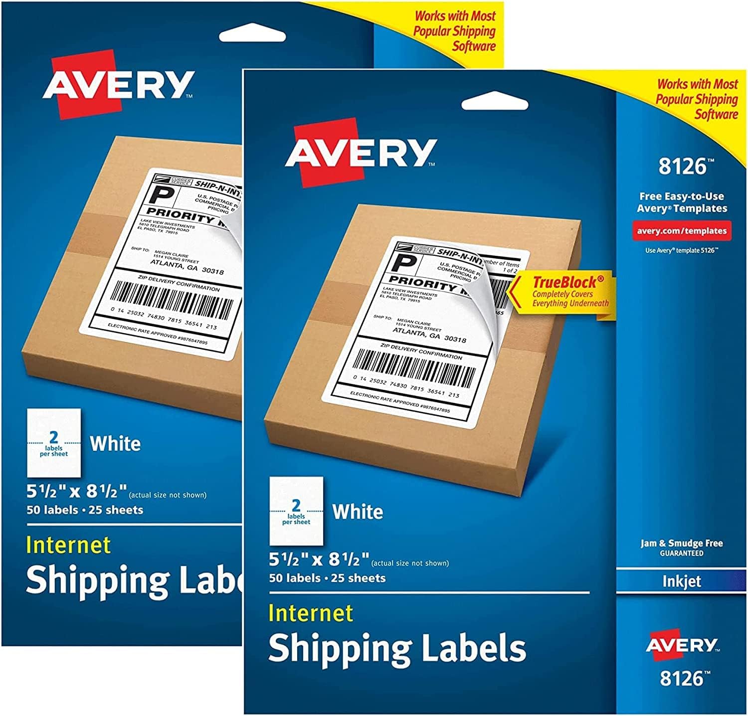 Shipping Labels w/ TrueBlock Technology, Inkjet Printers, 5.5 x 8.5, White, 2/Sheet, 25 Sheets/Pack, Sold as 5 Pack