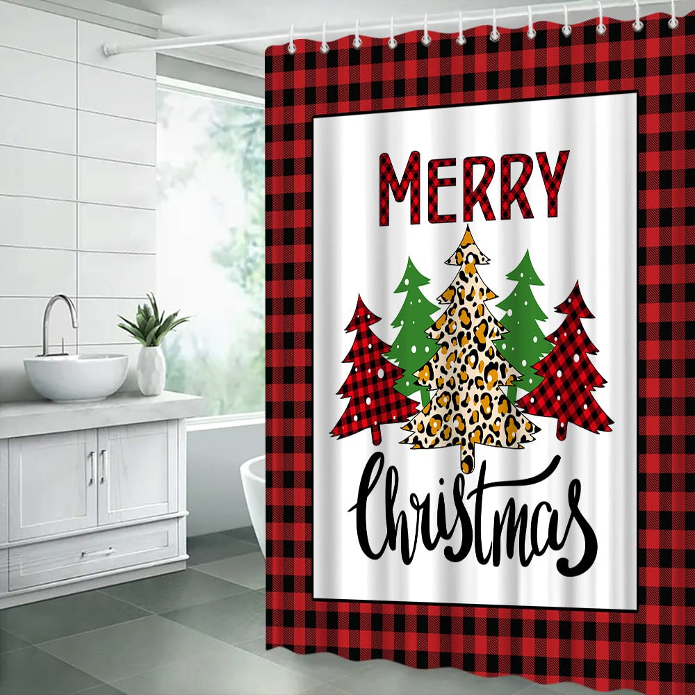 Tenda Doccia Natalizia Buffalo Plaid 183x183 Cm - Albero Di Natale, Impermeabile Con 12 Ganci