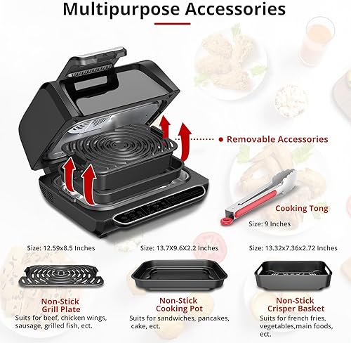 Miniatura 8 de Combo eléctrico de parrilla interior sin humo y freidora de aire, 7 en 1, parrilla, asar, hornear, crujiente, deshidrata y más, con platos