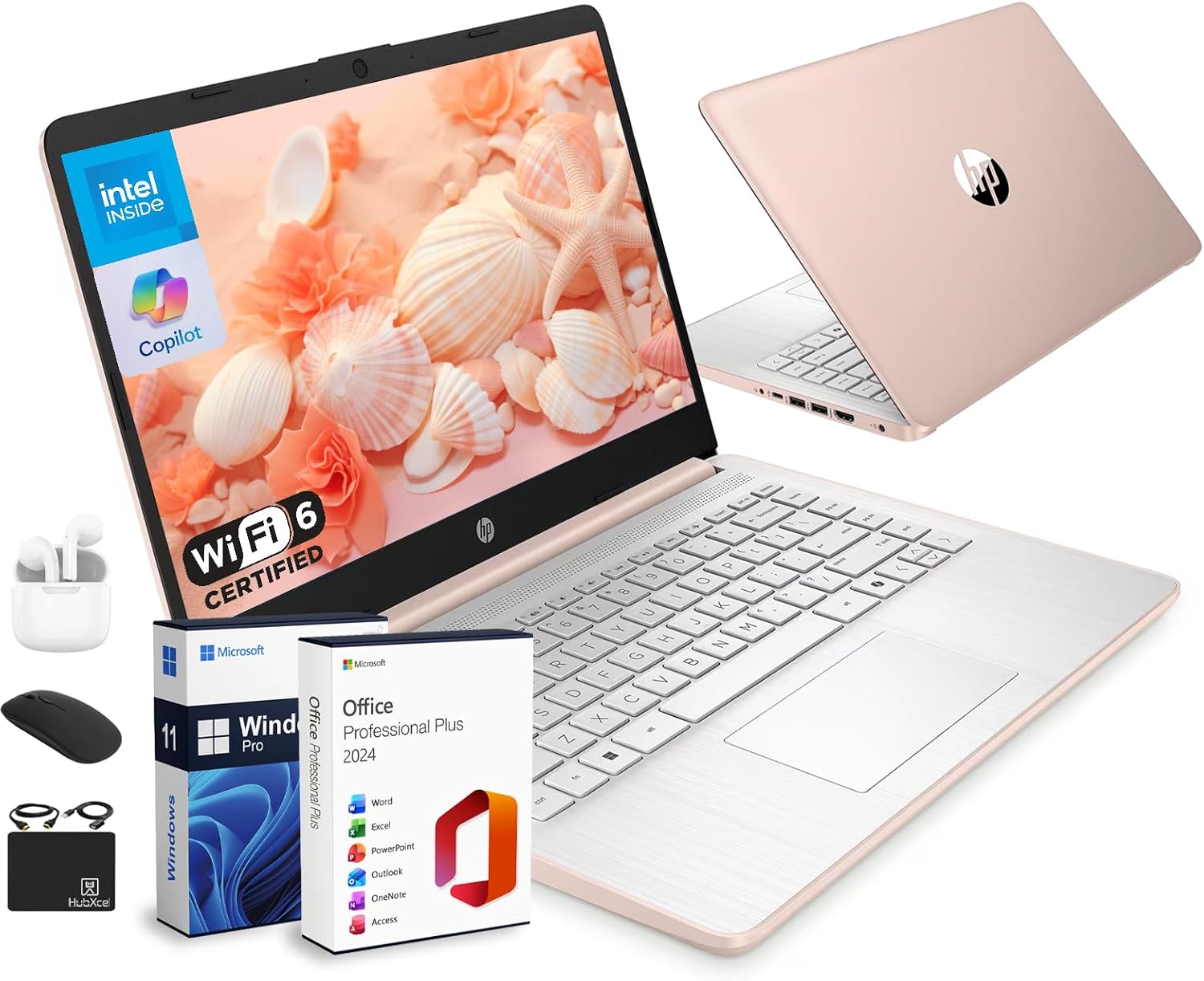 HP 14 Laptop Intel Celeron N4500, 16GB RAM, 628GB Storage, Win 11 Pro, MS Office, AI Copilot, Wi-Fi 6, Rose Gold w/ Accessories