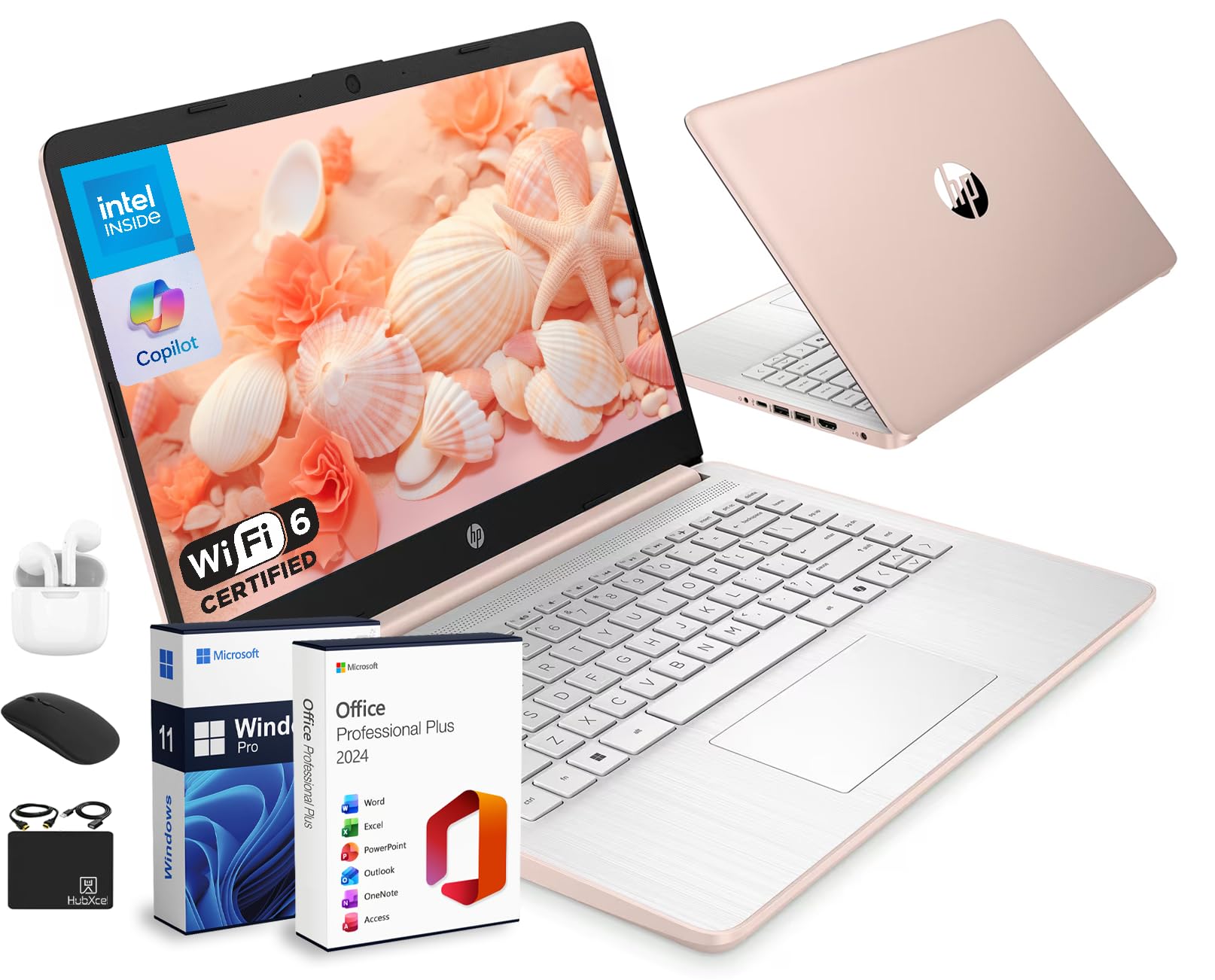 14 Laptop Ultra Portable 2026 Business Home Student Computer, MS Office, Al Copilot, Intel CPU, 8GB RAM, 628GB Storage (128GB SSD + 500GB Ext), Wi-Fi 6, HubxcelAccessory, Win 11 Pro, Rose Gold