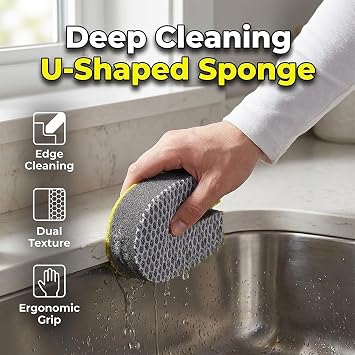 U Shaped Double Sided Sponge Scrubber, Non Scratch Dishwashing Sponge with Groove Design, Reusable Kitchen Cleaning Pad for Cups Knives Pots Pans Sink Crevice Tool (2pcs)