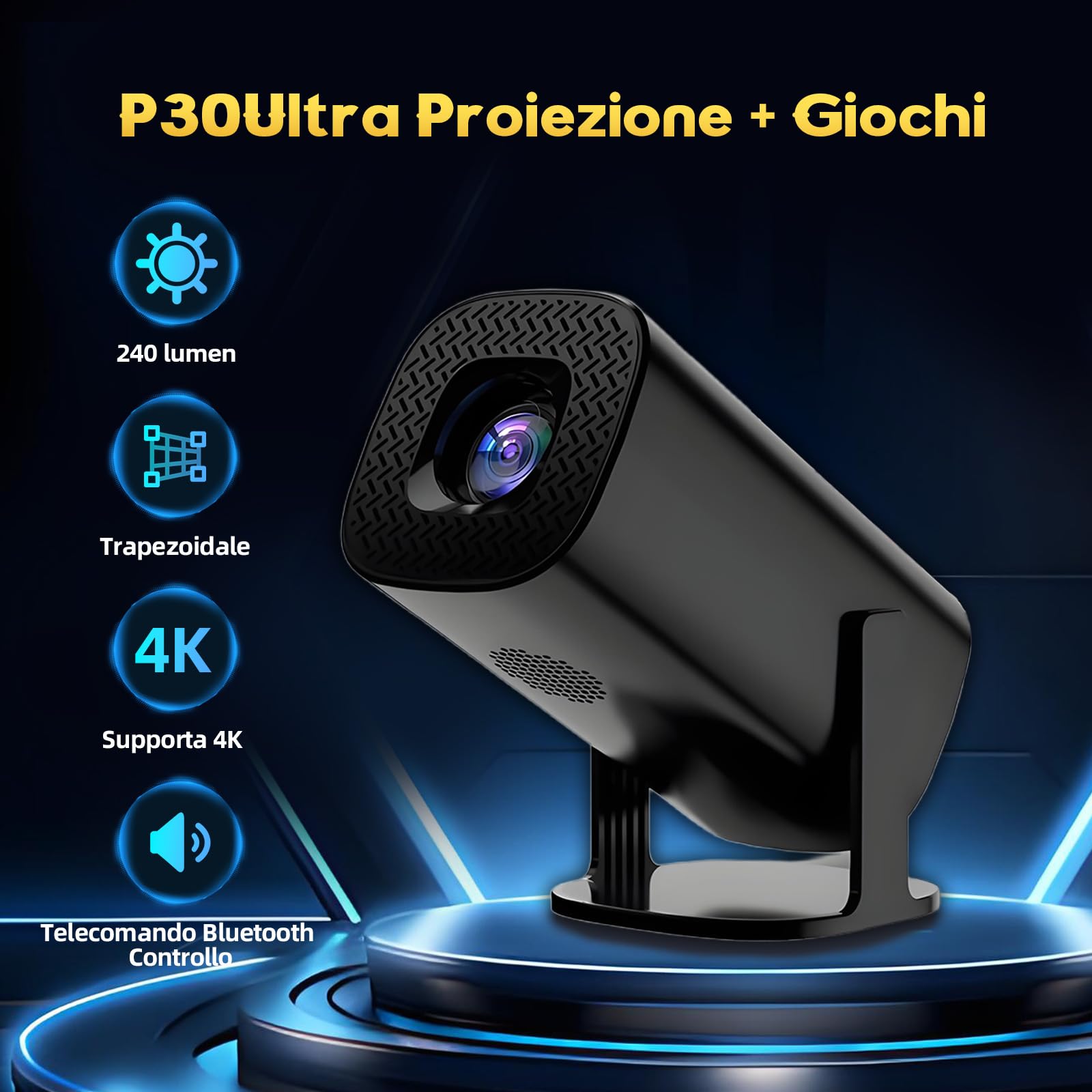 Console di gioco P30Ultra 4k, proiettore di videogiochi con 2 Controller Wireless, emulatori incorporati 36000+ Games 14, telecomando Bluetooth Voice, nero