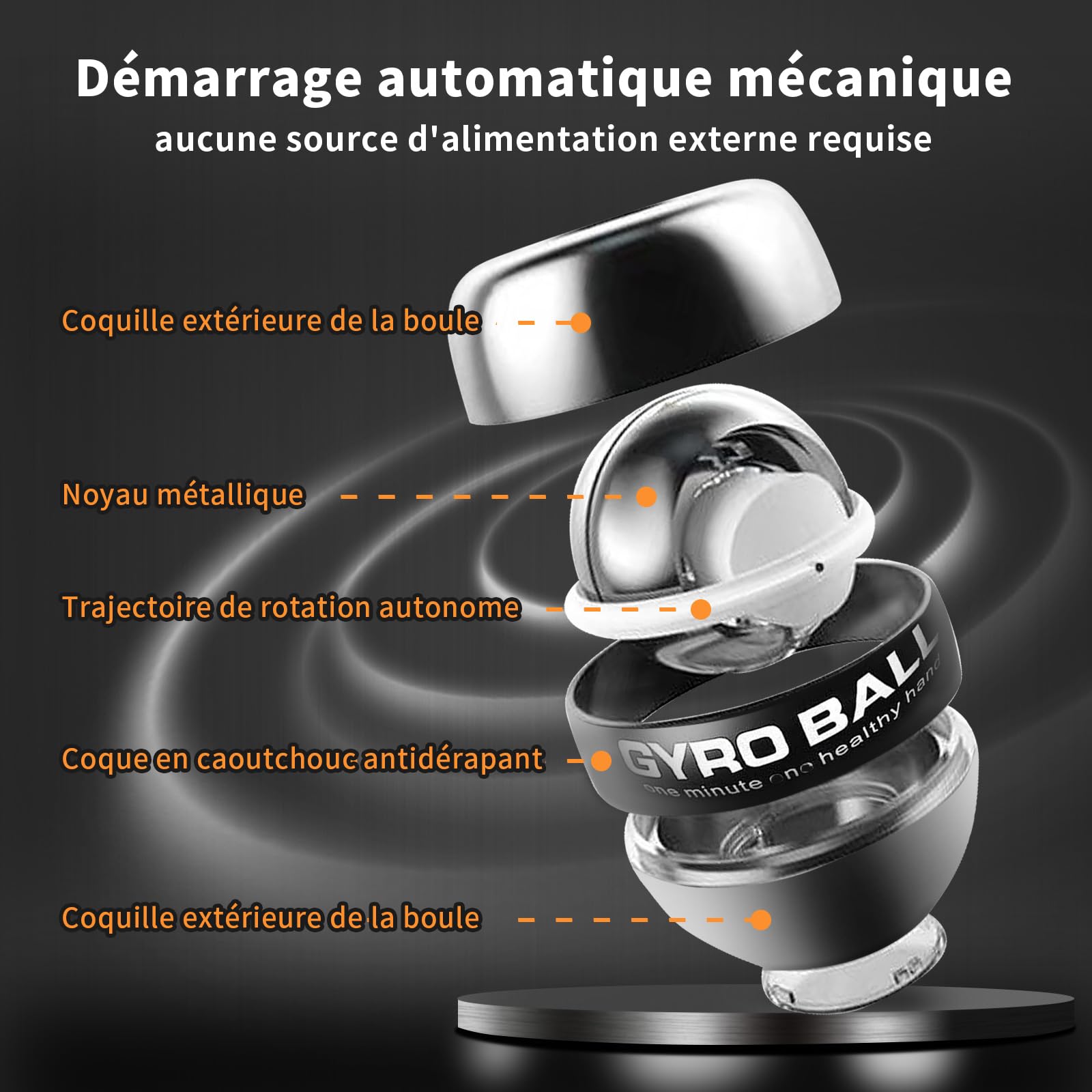 PiPiCat Gyroball Appareil d'exercice pour bras de fitness et balles de poignet anti-stress Cœur en métal Éclairage automatique et silencieux 6 vitesses et couleurs vives + sac à balles