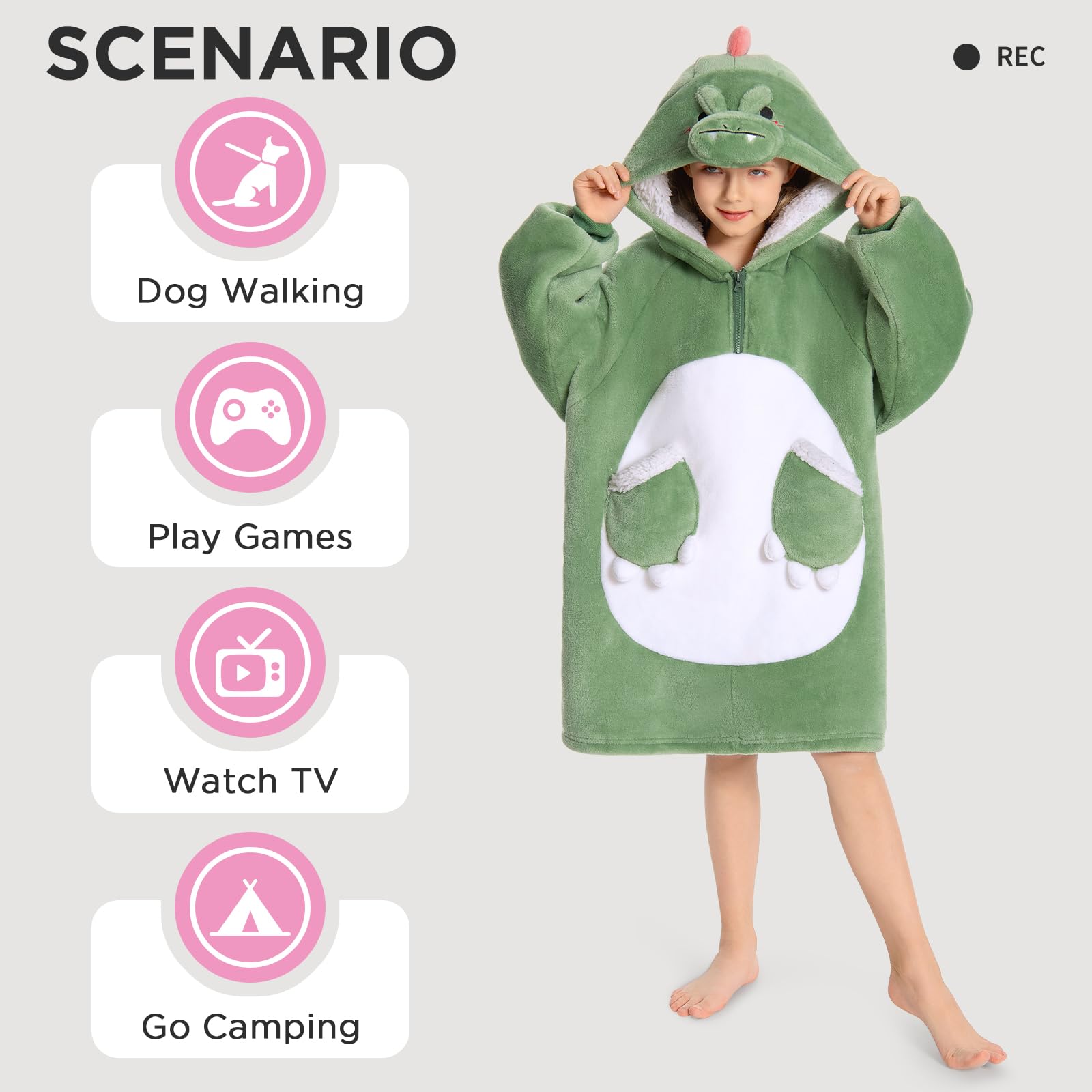OLAOLA Dinosaur Oversized Blanket Hoodie for Kids Sherpa Fleece Wearable Blanket with Sleeves & Pockets Soft Warm Cosy Hooded Sweatshirt Fluffy Wearable Throw for Girls Boys - Image 4