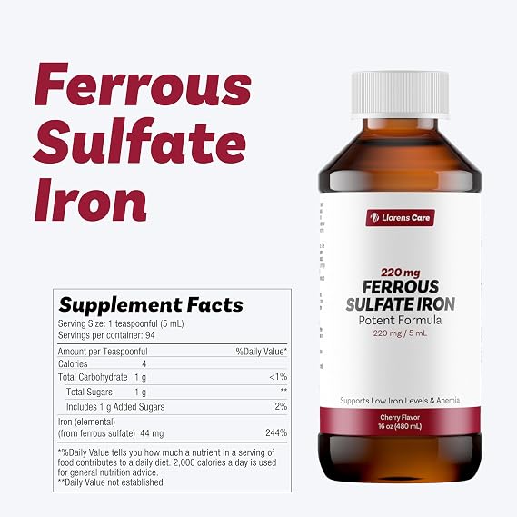 Ferrous Sulfate Liquid Iron Supplement for Adults by Llorens Care - 220 mg in 5 ml Iron Complex Supplement for Anemia and Iron Deficiency. Boost Energy Levels