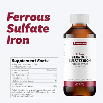 Ferrous Sulfate Liquid Iron Supplement for Adults by Llorens Care - 220 mg in 5 ml Iron Complex Supplement for Anemia and Iron Deficiency. Boost Energy Levels