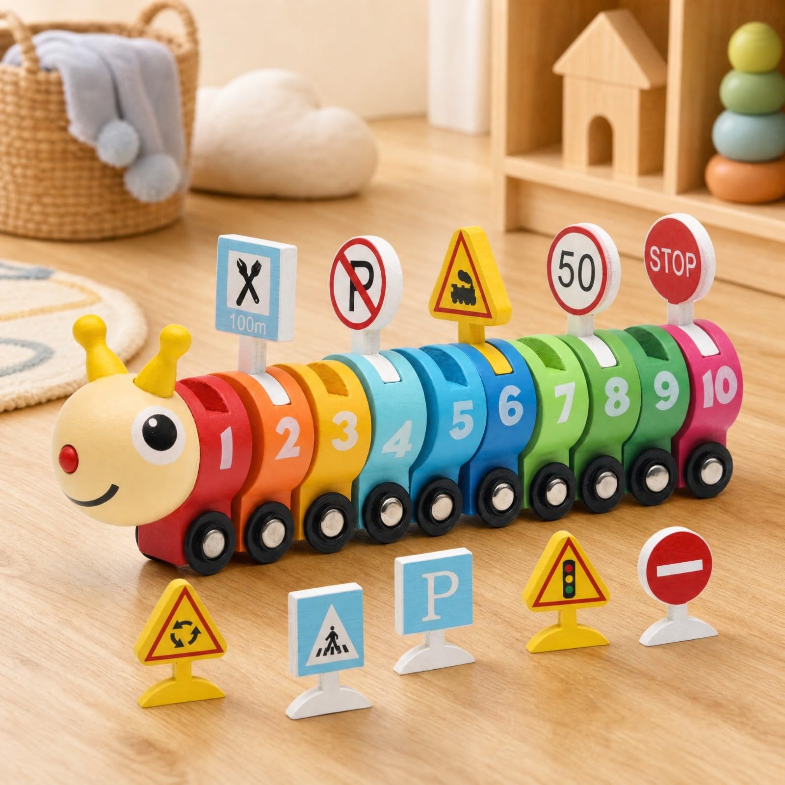 Trenino Bruco in Legno Manuale Giocattolo Educativo per Bambini di età Prescolare