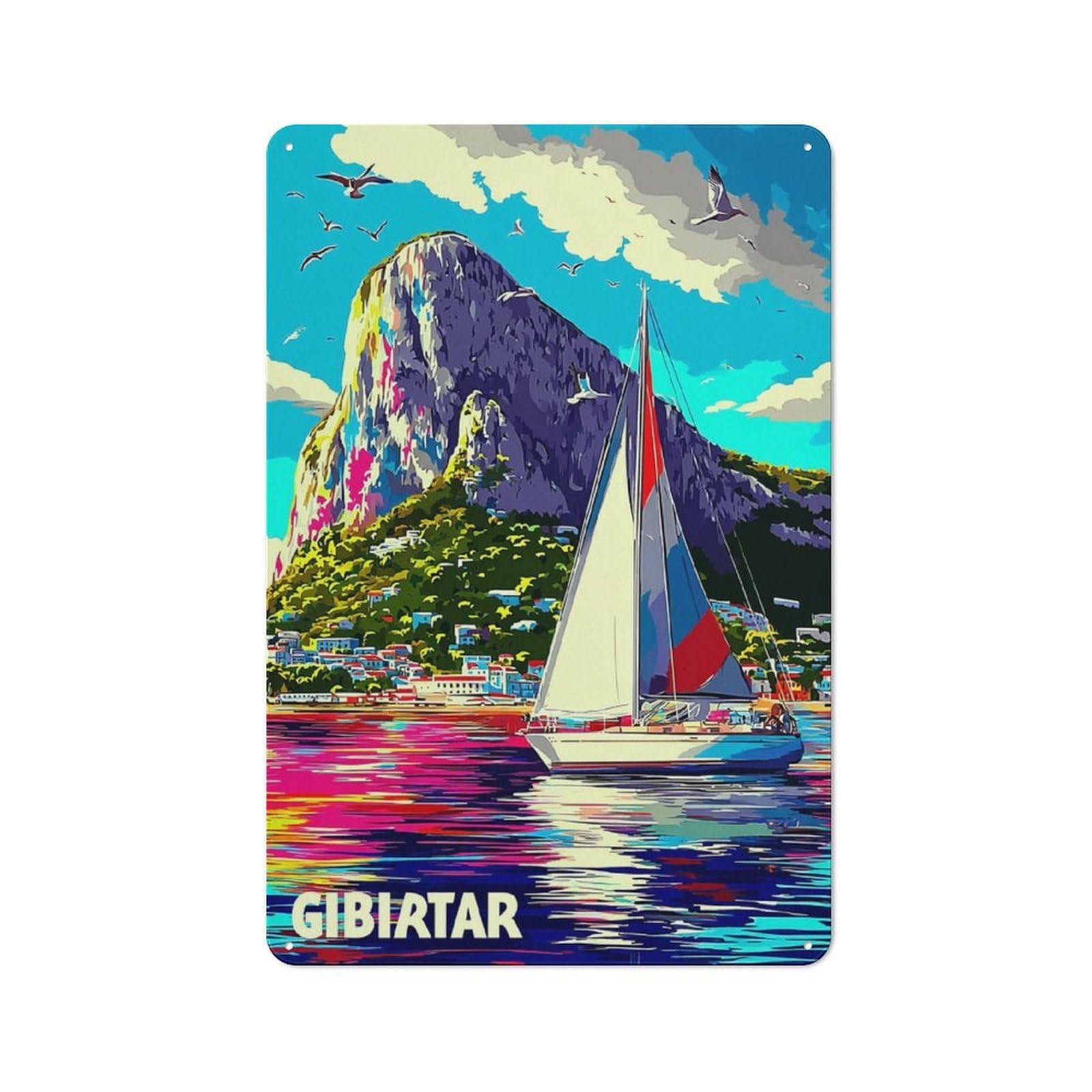 Junmoney Gibraltar Sailing Paradise Retro Tin Wall Plaque 30X20cm Featuring For Garage Wall, New Home Wall Decor For People Furnishing A Garage