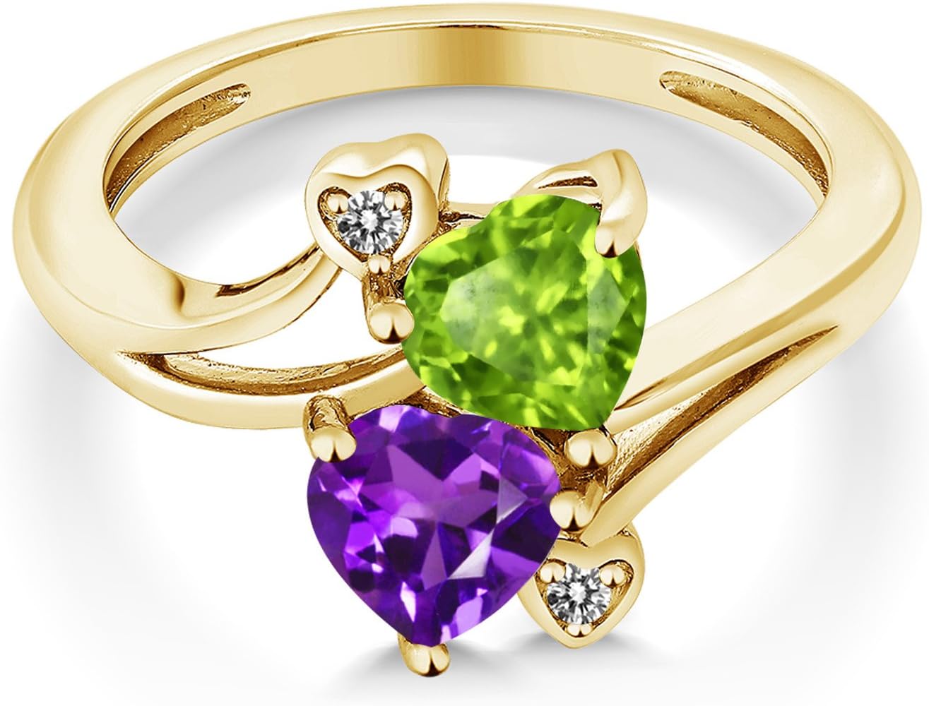 Gem Stone King 10K Yellow Gold Double Heart Gemstone Birthstone & Diamond Accent Ring for Women | Heart-Shaped 6MM Gemstones with Round 1.5MM Diamonds | Elegant Promise, Engagement & Anniversary Ring