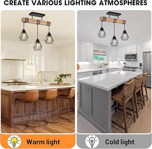 Miniatura 5 de Lámpara colgante de 3 luces para comedor de granja sobre la mesa, iluminación rústica de madera maciza para isla de cocina, con pantallas de metal,