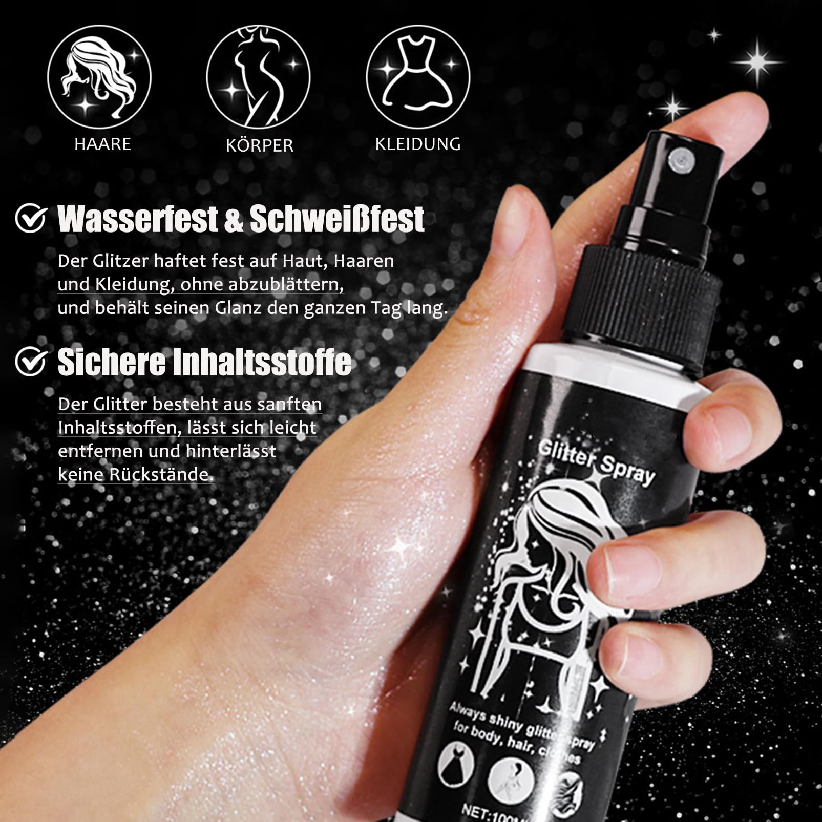 Spray glitter, spray glitter argento per capelli e corpo, spray glitter per capelli e vestiti, spray glitter per il corpo con nebbia ultrafine, accessori per festival ad asciugatura rapida Halloween