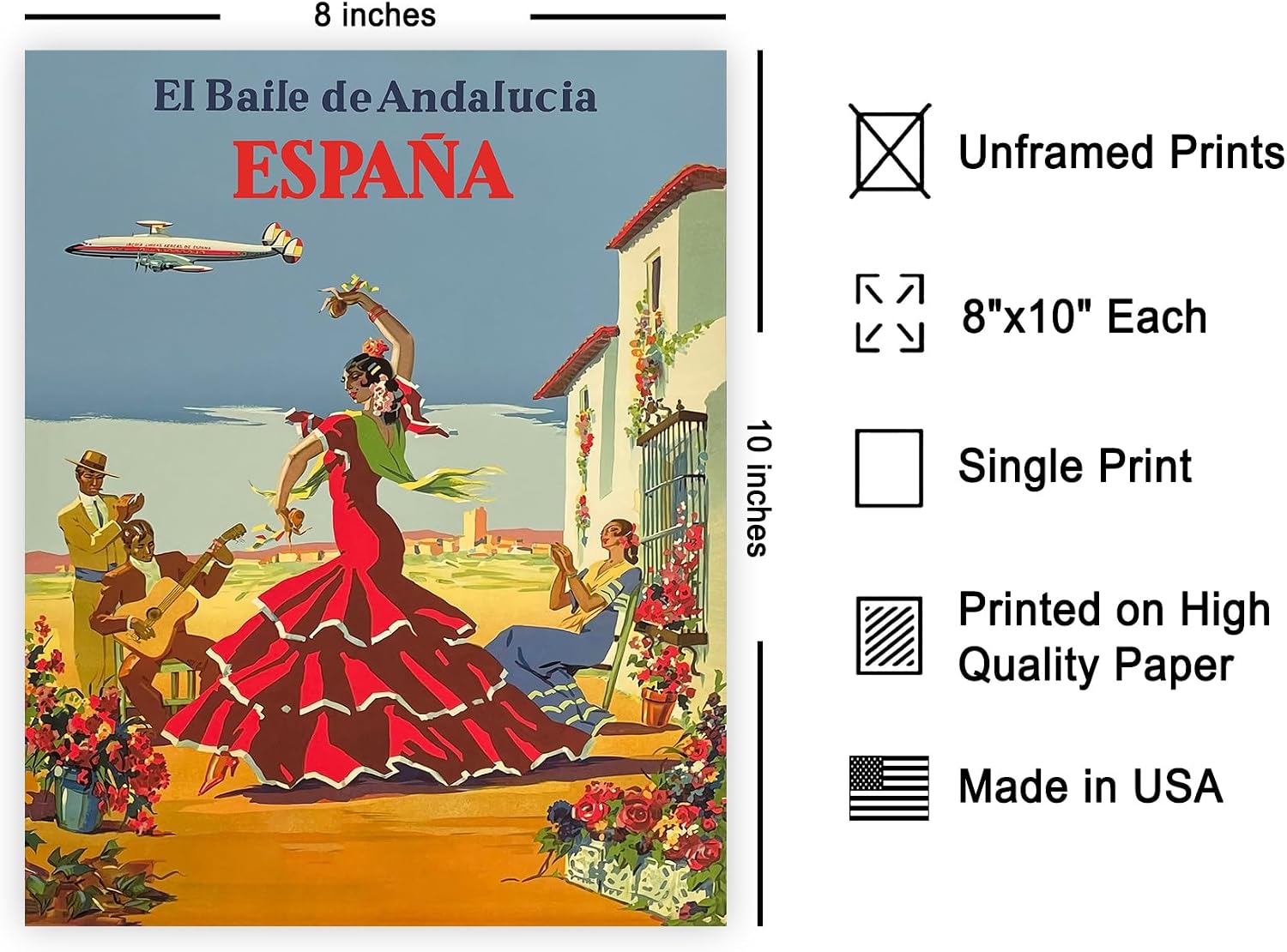 Poster Master Vintage Travel Poster - Retro Spain Print - Flamenco Dancer Art - Chic Gift for Him, Her, Travel Lover - Aesthetic Decor for Home, Office, Living Room, Bedroom - 8x10 UNFRAMED Wall Art