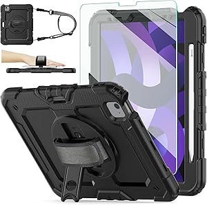 iPad Air 5/4 Case 10.9'' 2022/2020,iPad Pro 11 Case 2021/2020/2018, [Kid Proof] Ambison Full Body Protective Case with 9H Tempered Glass Screen Protector, 360 Rotatable Kickstand/Hand Strap (Black)