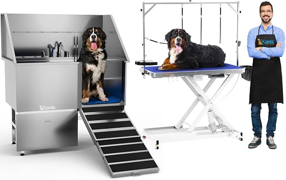 49" Professional Electric Dog Grooming Table, White + 50" Professional Stainless Steel Dog Bathing Station, Right RAMP
