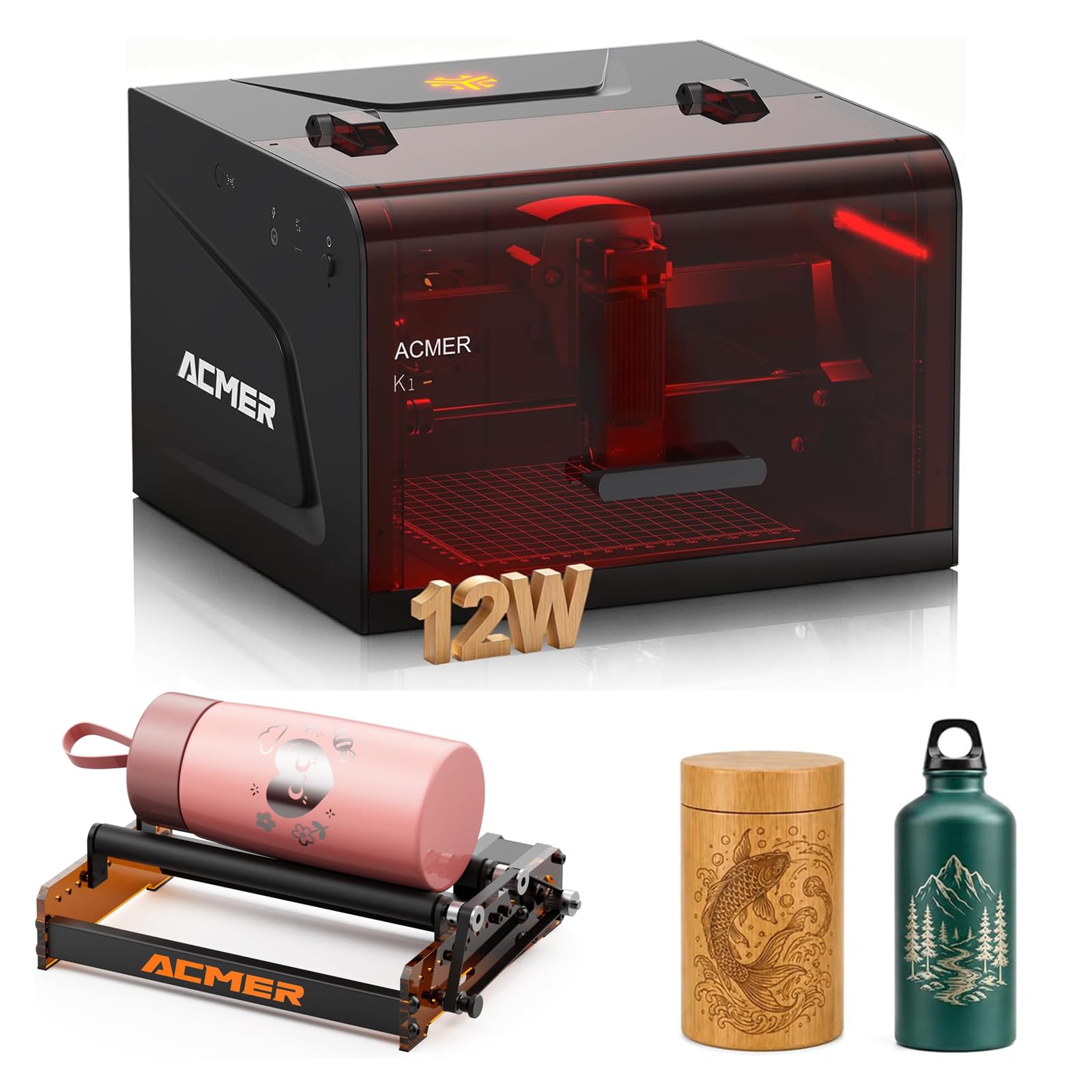 ACMER K1 Laser Graviermaschine 12000mW+M3 Laser-Drehwalze Set, Class 1 Kleine Geschlossene Sicherheit Laser Cutter, 0,01mm Präzision Hochpräzise Lasergravur Maschine für DIY Holz,Metall,Leder,etc.