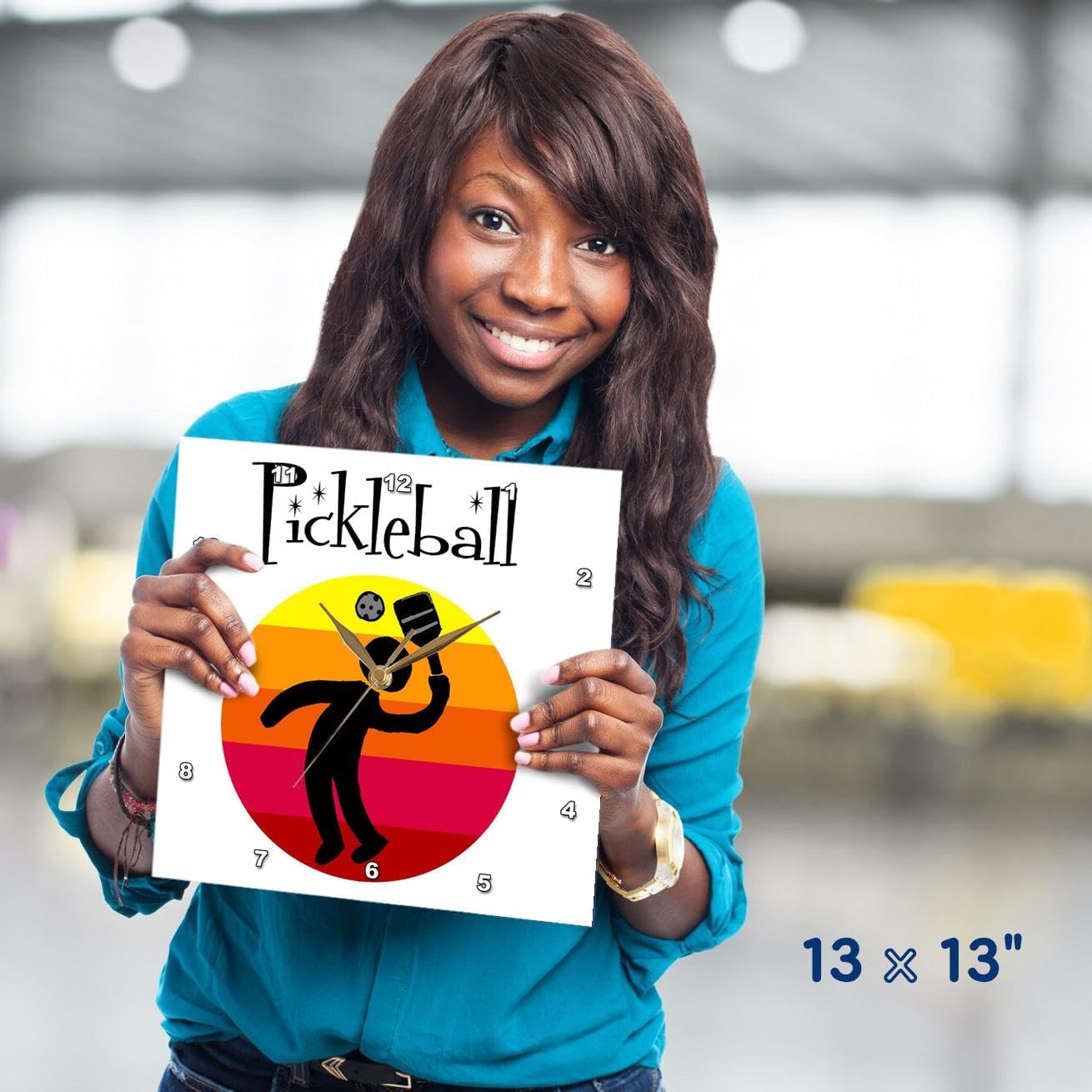 3dRose Wall Clock Silent - 13 inch - Funny Cute Pickleball Player Silhouette and Sunrise Sports Cartoon - Sports and Hobbies