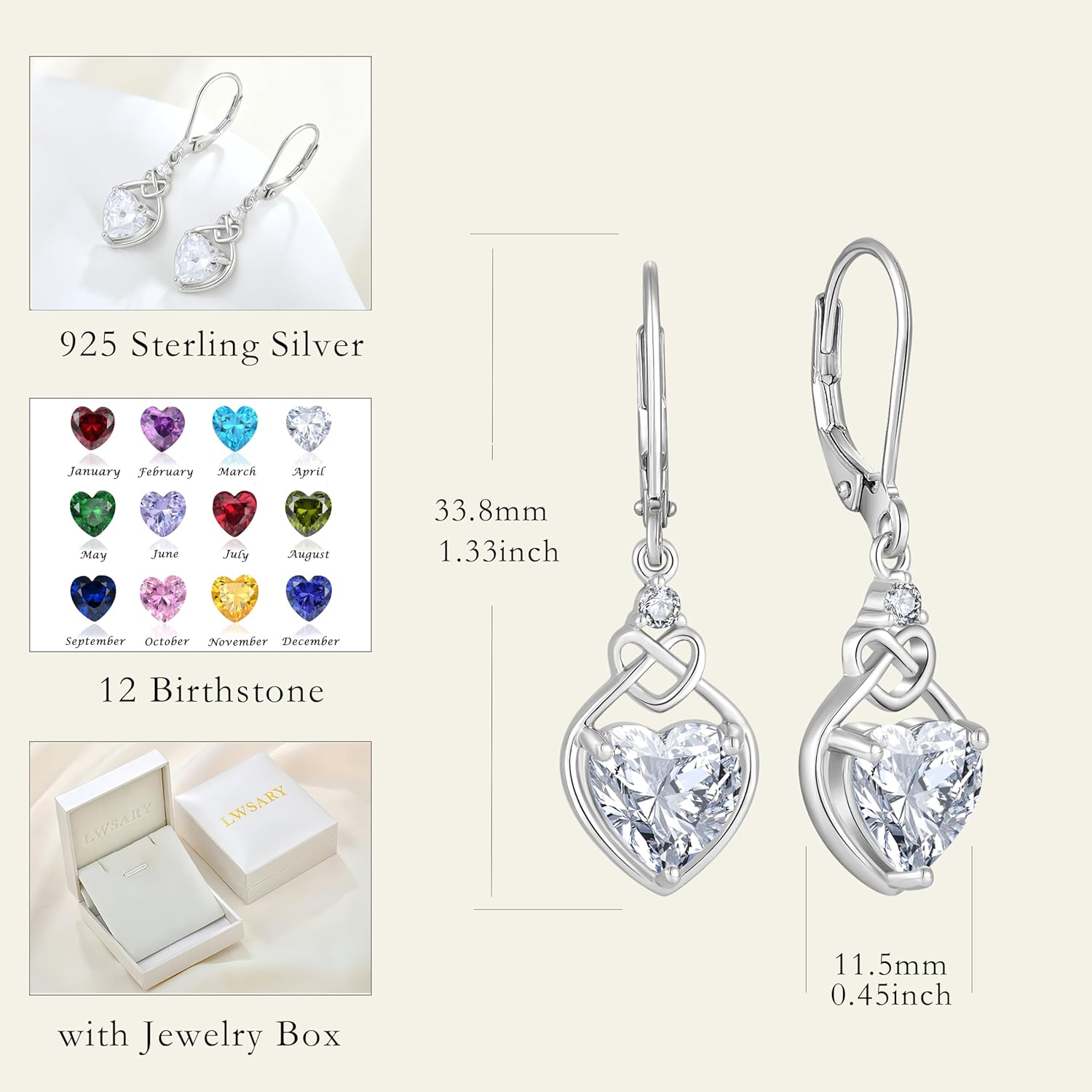 Love Heart Dangle Drop Earrings 925 Sterling Silver Celtic Knot Leverback Earrings Birthstone Jewelry for Women - Image 6