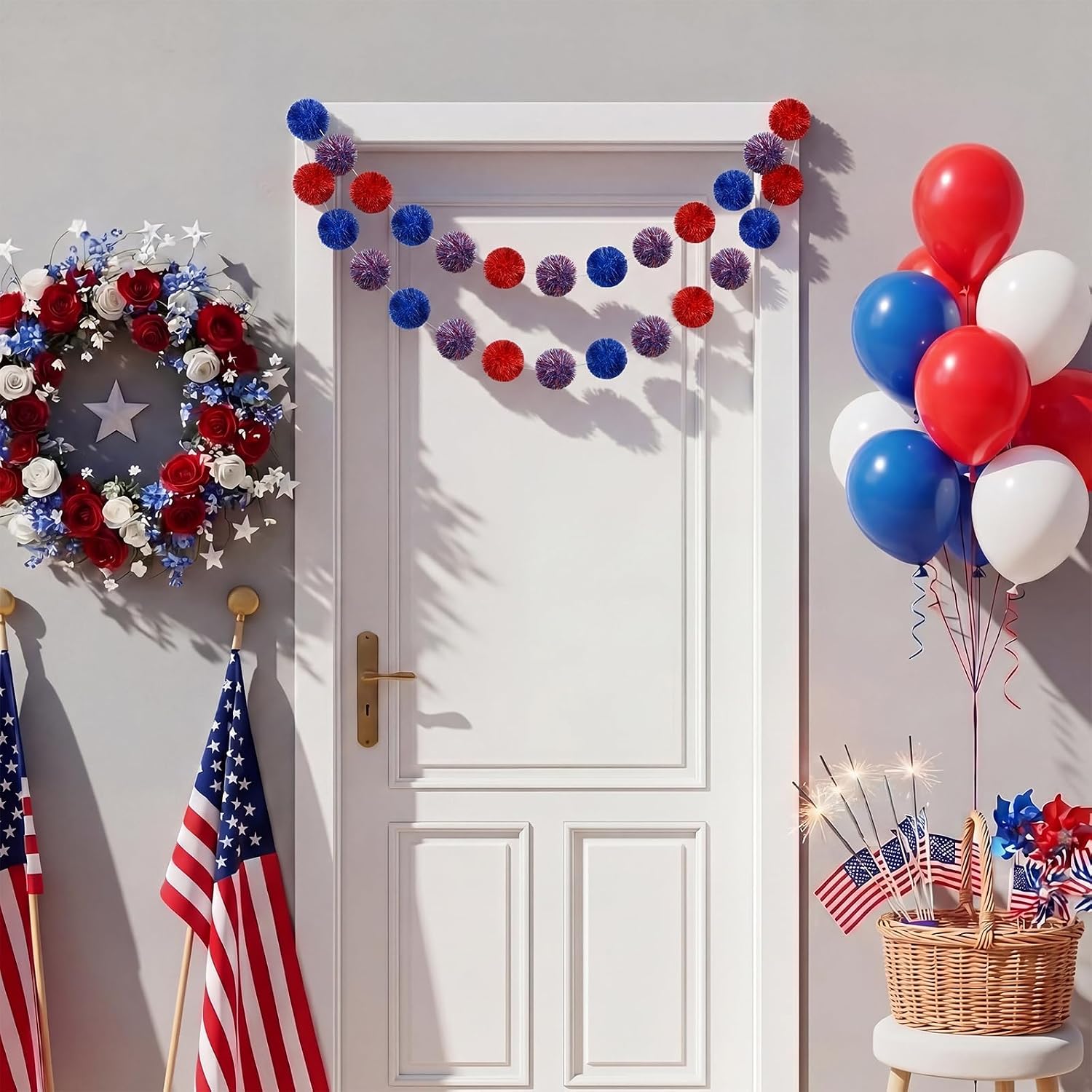 Suncalla 2 Pcs 4th of July Garland Decorations for Mantel 6 ft Patriotic Tinsel Pom Pom Garland 6 Inches Red White Blue Tinsel Glitter Ball Hanging Decor for Independence Day Mantel Wall Home Decor