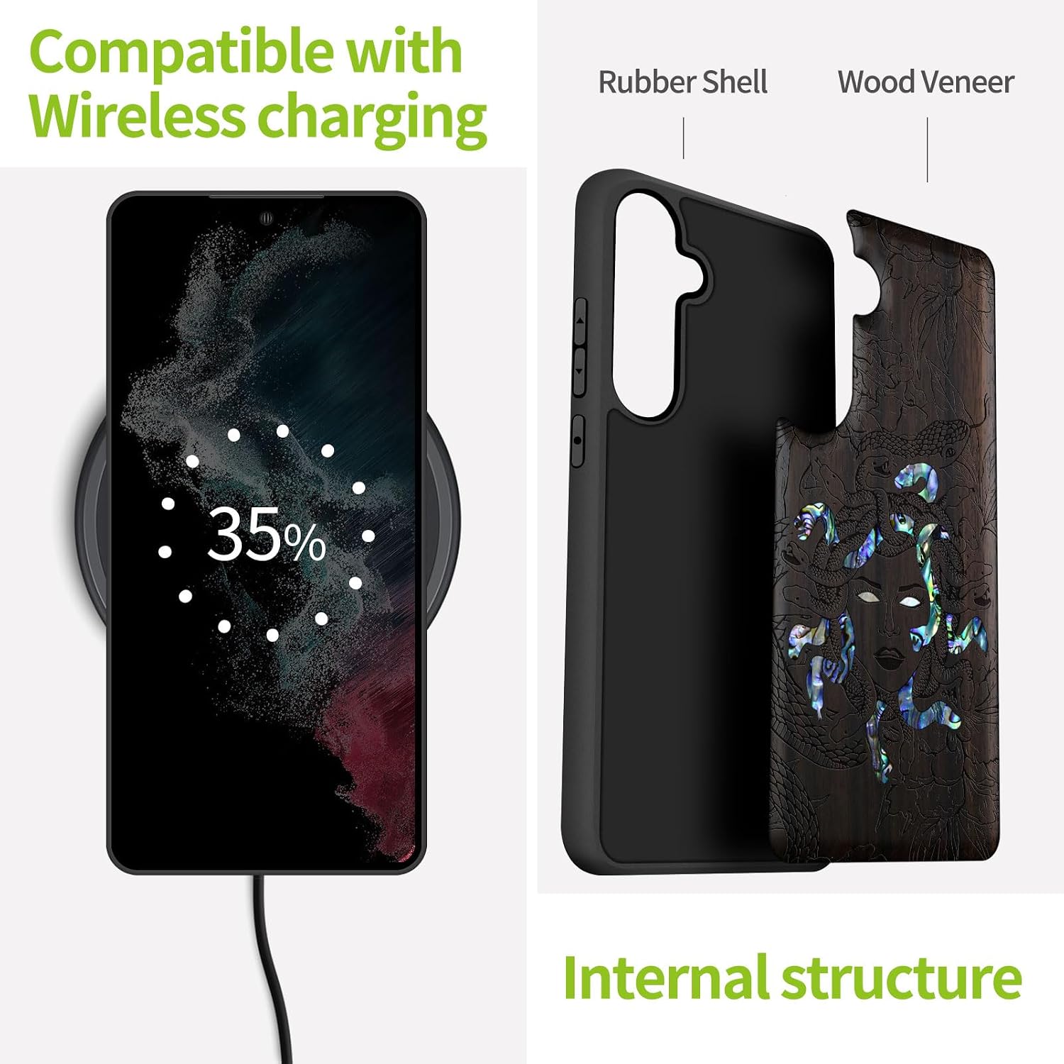 Carveit Designer Wooden Case for Samsung Galaxy S24 Plus Case [Wood Engraving & Shell Inlay] Compatible with Wireless Chargers S24 Plus Cover (The Medusa Enigma-Blackwood)