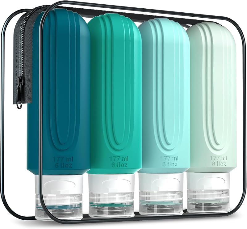 Mrsdry Frascos Recarregáveis de Silicone para Viagem Mint-6oz com Bolsa de Higiene, Pacote com 4