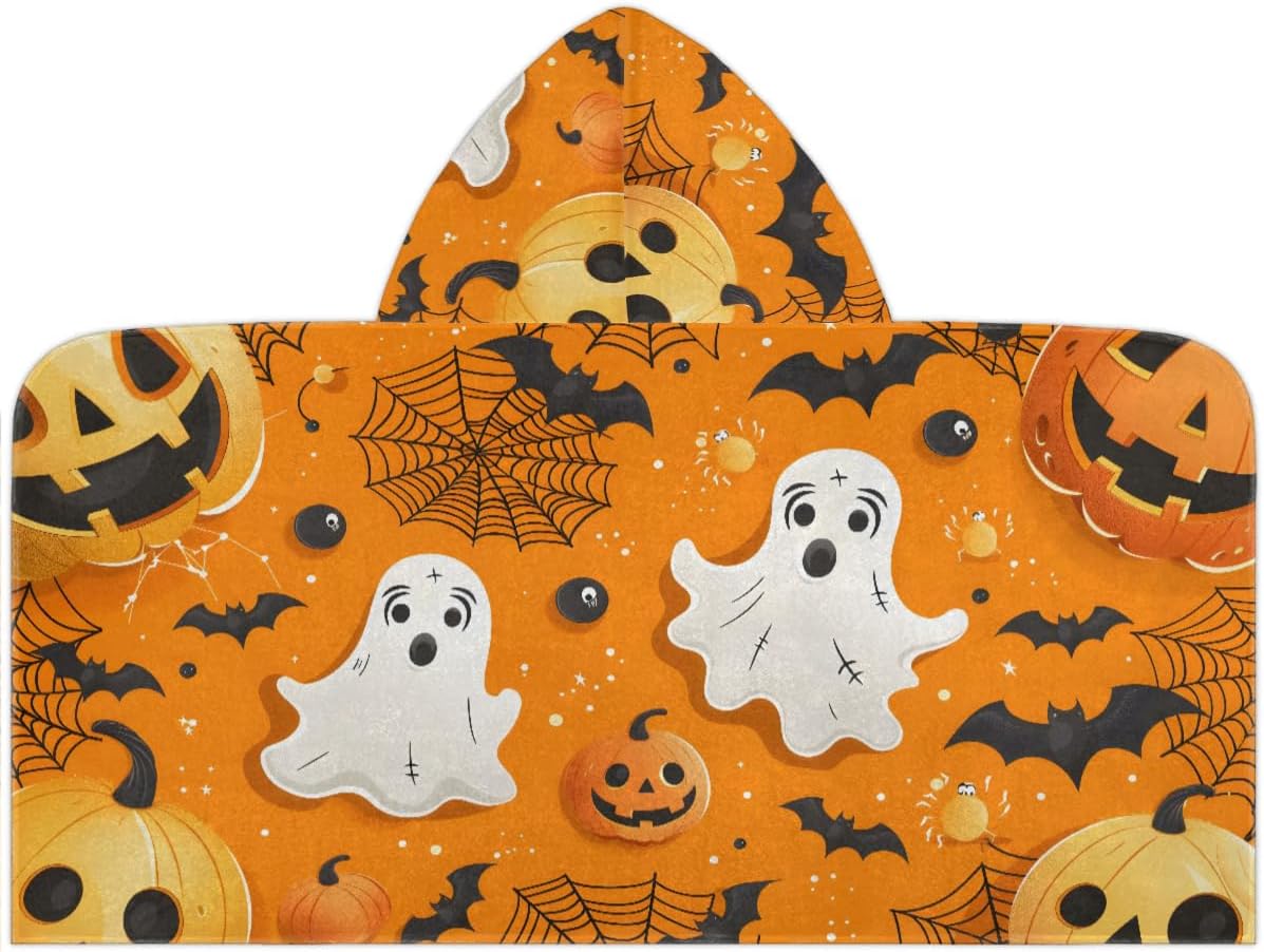 Pardick Kids Bath Towel Boo Pumpkin Ghost Beach Towel with Hood Pool Cover Up for Girls Boys Soft Absorbent Hooded Bath Towel Toddler Towels for Beach, Pool