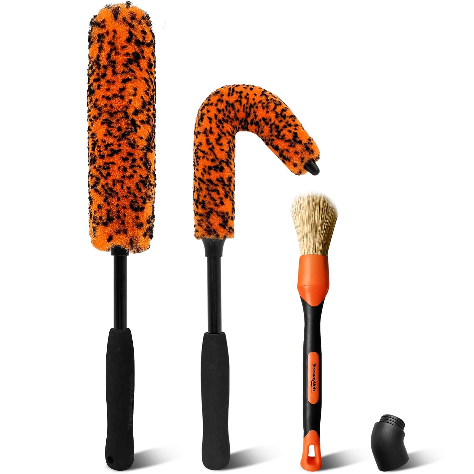 Yeewayveh Orange（3 Pack） 3Pcs Quick Car Wheel Brush Kit, 2-Size 360° Bendale Alloy Wheel Brush, Boars Hair Detailing Brush, Fast Scratch-Free Cleaning For Car Wheels, Motorcycle
