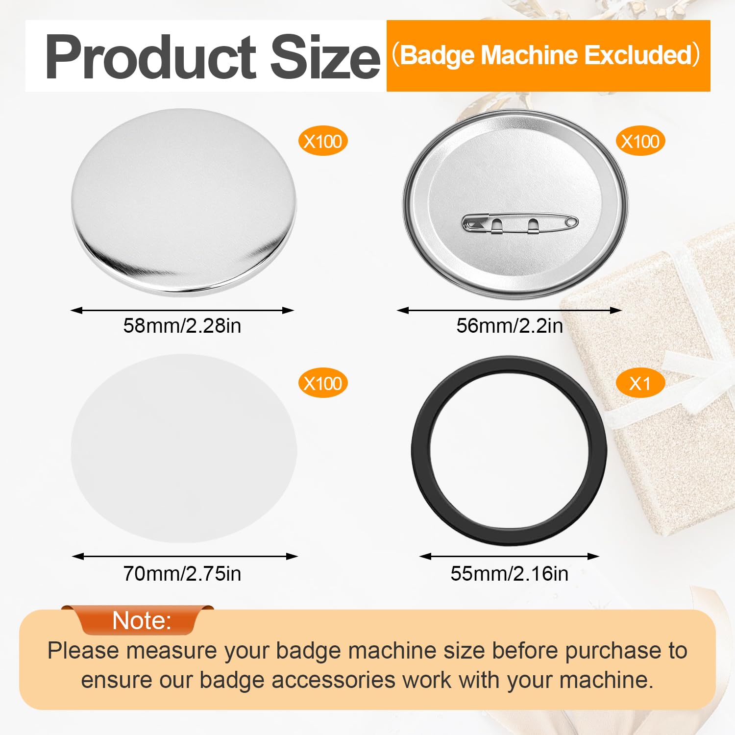 Kit 100 Vuote Creazione Bottoni grezzi da 58 mm fai da te, Spille Personalizzate, Spilla Personalizzata, Pellicola PVC e Distanziatore, Facili da Realizzare,Compatibile con Macchine per Badge 58mm