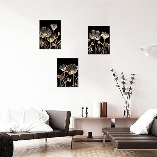 Miniatura 5 de CCWACPP 3 paneles de arte para pared, cuadros florales negros y dorados, cuadros abstractos de flores marrones, impresiones en lienzo, decoración de