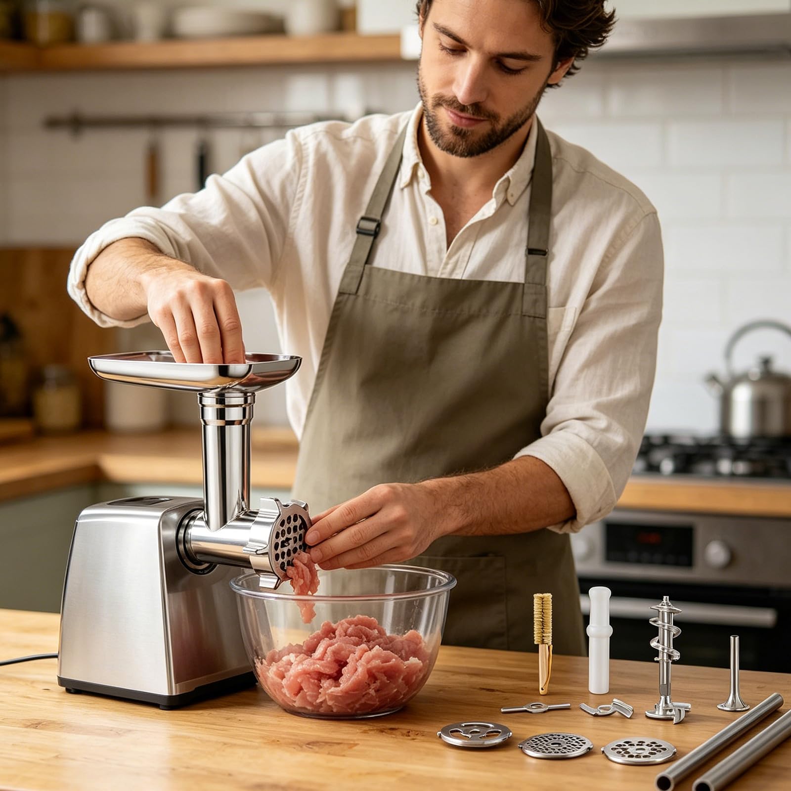 Accessori da cucina per robot da cucina, set accessori per salsiccia e tritatutto in acciaio inox, 21, con piastre macinazione, dischi da taglio e vassoio alimentazione,