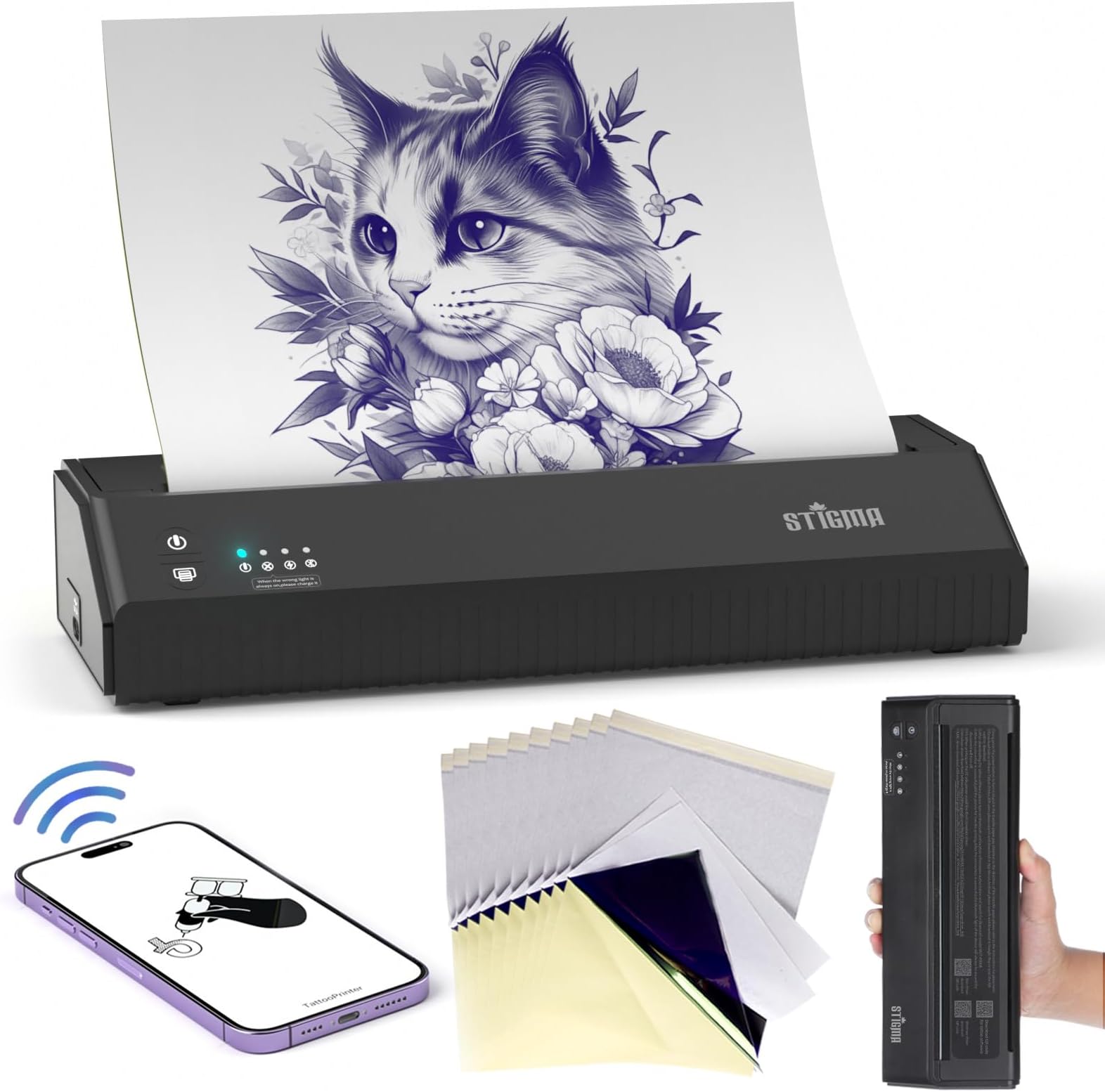 STIGMA P8008 Bluetooth Tattoo Stencil Printer with 10Pcs Transfer Paper Wireless Thermal Tattoo Copier Machine Mini Tattoo Printer 2500mAh for Tattooing Compatible with iOS,Android & PC MHT-P8008-US