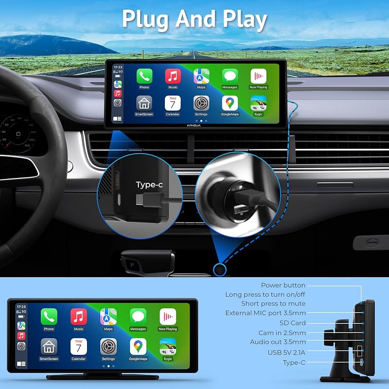 APHQUA Vezeték Nélküli CarPlay Kijelző 9.3 Hüvelyk Érintőképernyő Apple CarPlay Android Auto GPS Navigáció Siri FM Autós Multimédia
