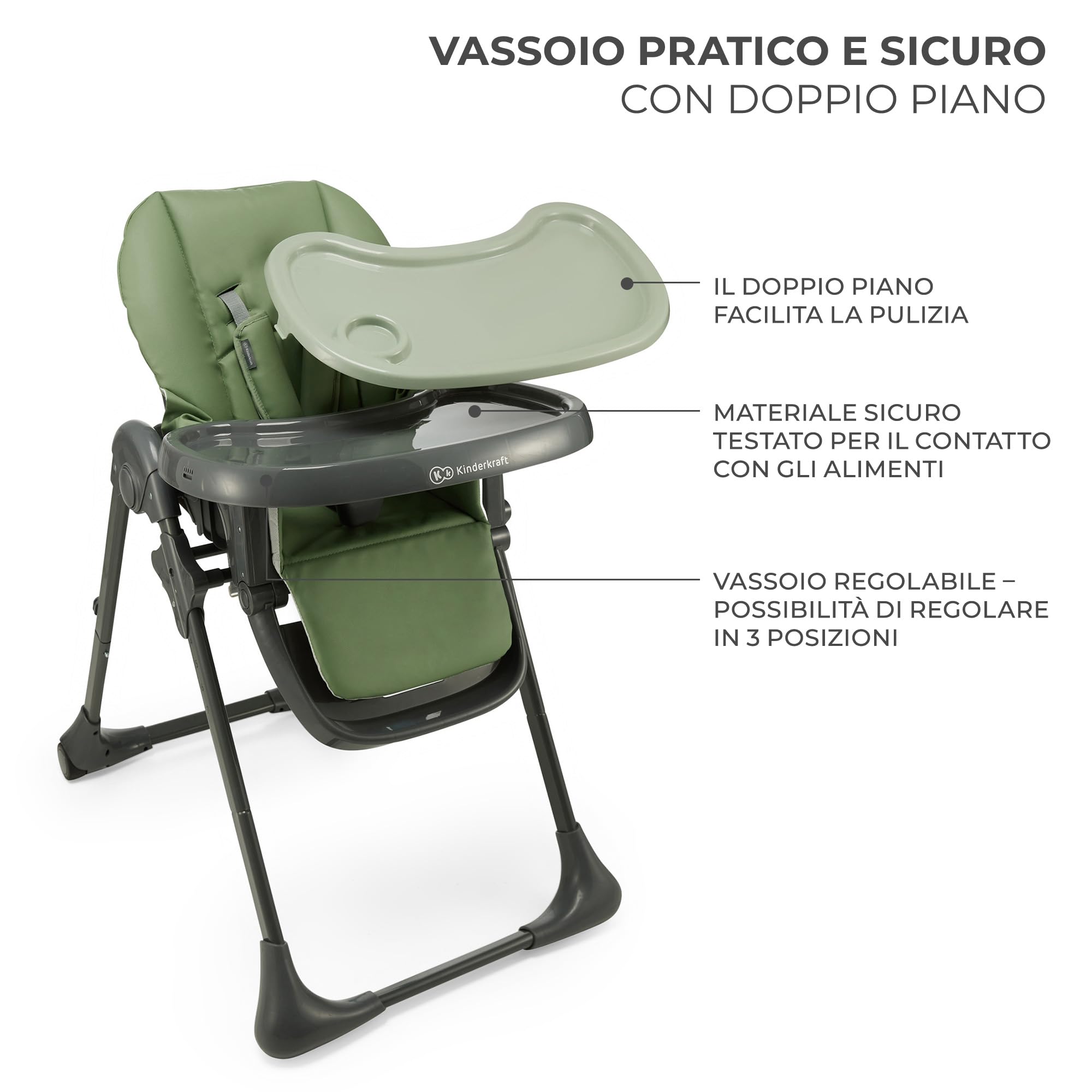 Kinderkraft TUMMIE Seggiolone 2 in 1, Ergonomico, Confortevole, Reclinabile, Pieghevole, con Altezza Regolabile e Poggiapiedi, Vassoio Staccabile, per Bambini, con giocattoli, Verde