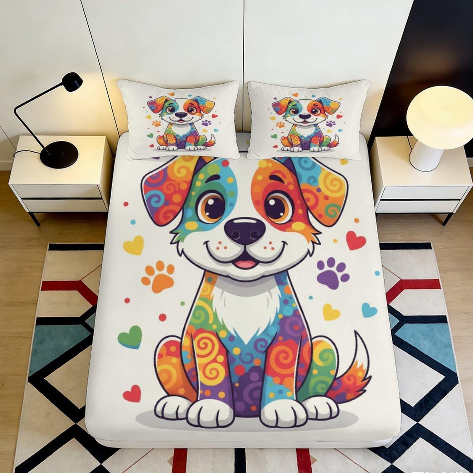 3D Printed Colorful Puppy Fitted Sheet Microfiber Soft Breathable 3D Cartoon Dog Mattress Cover for Bedroom Dormitory Guest Room Mattress Protection Decor 160x200x25cm