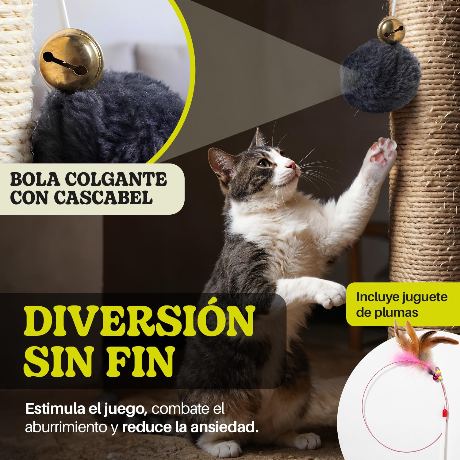 Rascador para Gatos Grandes de Interior, Poste Rascador de Sisal 74 cm con Cascabel en la Bola Colgante, Incluye Juguete de Plumas para tu Gato, Ideal para Afilado de Uñas y Diversión