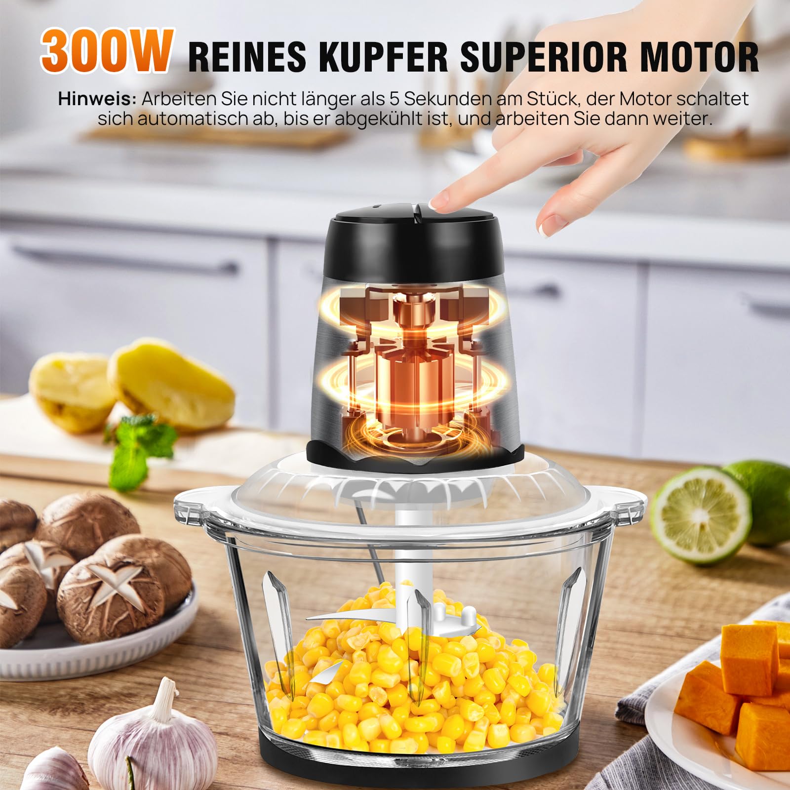 Elektrischer Multi-Zerkleinerer, Küchenmaschine, 2 Liter Glasbehälter, Universalzerkleinerer mit 4 Schneidemessern & 2L Kapazität, 300 Watt, für Fleisch,Babynahrung,Obst,Gemüse